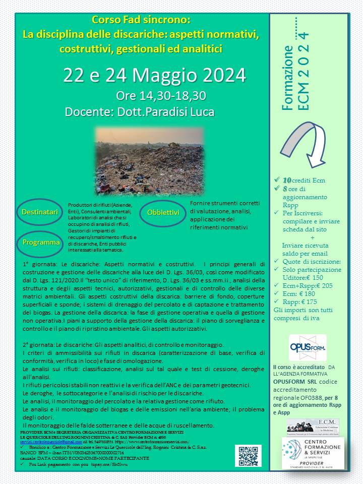 Course Image La disciplina delle discariche 2024: aspetti normativi, costruttivi, gestionali ed analitici